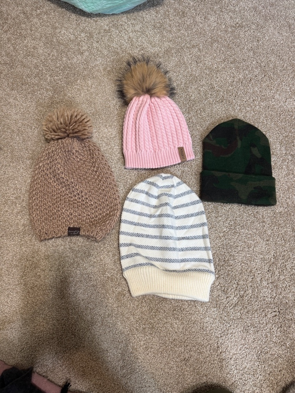 Mixed Beanie Bundle - Pink Pom, Tan Knit, Striped Cream, Camo